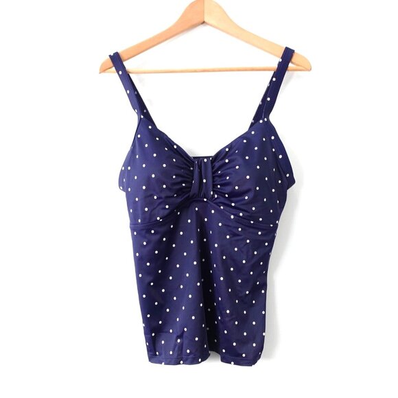 LL BEAN Swimsuit 8 Tankini Navy Padded Sweetheart Dots Medium Sunblocking UPF50+ - Picture 1 of 9